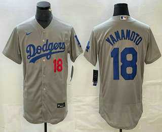 Mens Los Angeles Dodgers #18 Yoshinobu Yamamoto Number Gray Stitched Flex Base Nike Jersey->los angeles dodgers->MLB Jersey